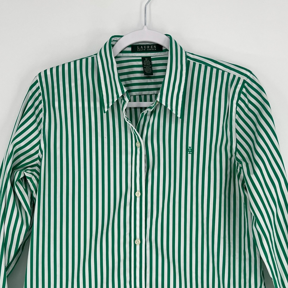 Lauren Ralph Lauren M Green White Striped Button Shirt Cotton Preppy Classic - Picture 4 of 9